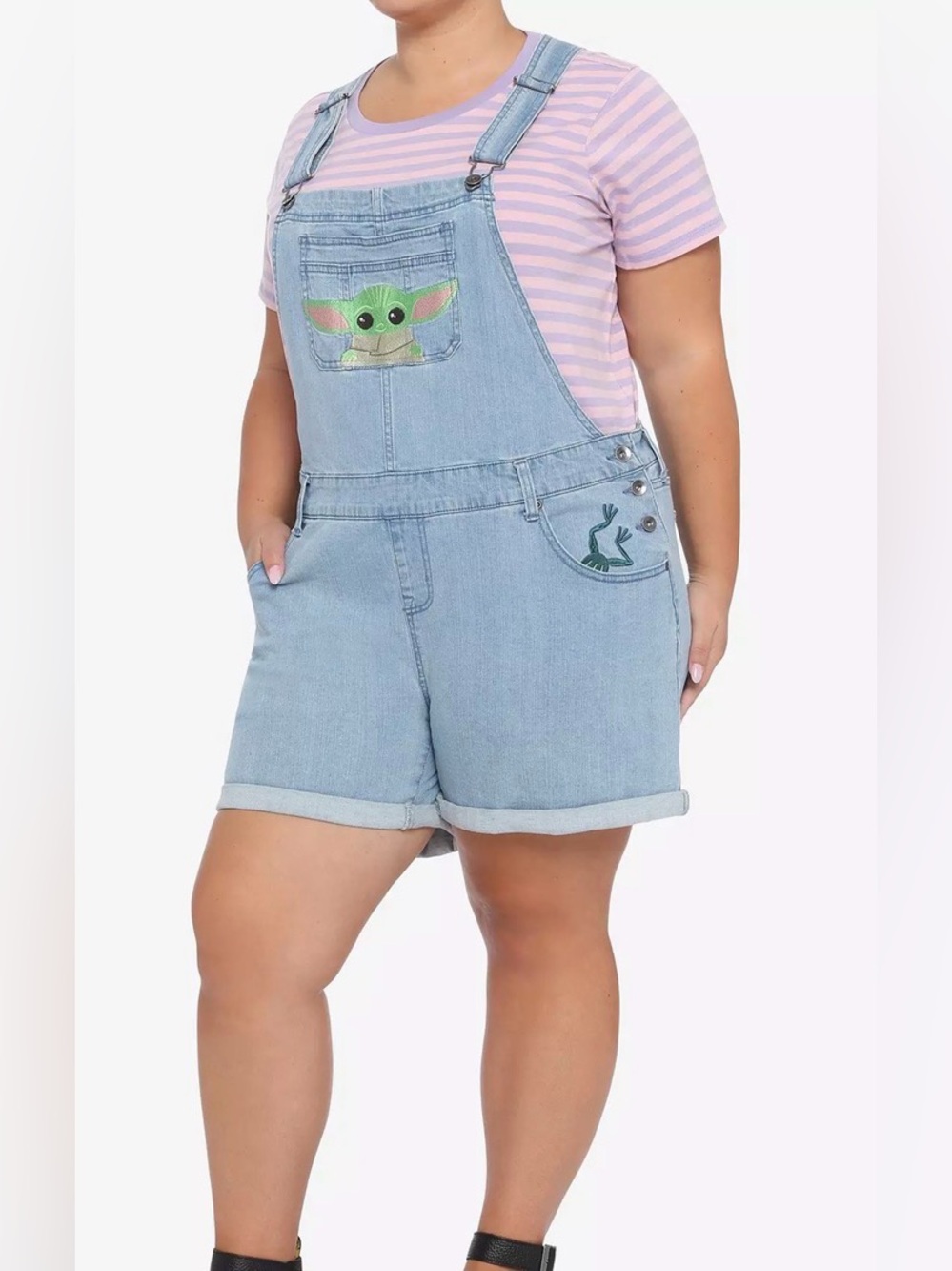 Star Wars Her Universe Disney Short Overalls Grogu Embroidered Plus Jean Denim
